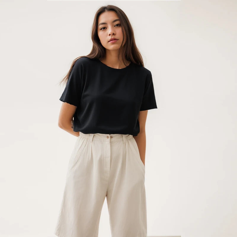 T-shirt en coton manches courtes 220g — Y2K, décontracté, confortable, noir et blanc, col rond, femme