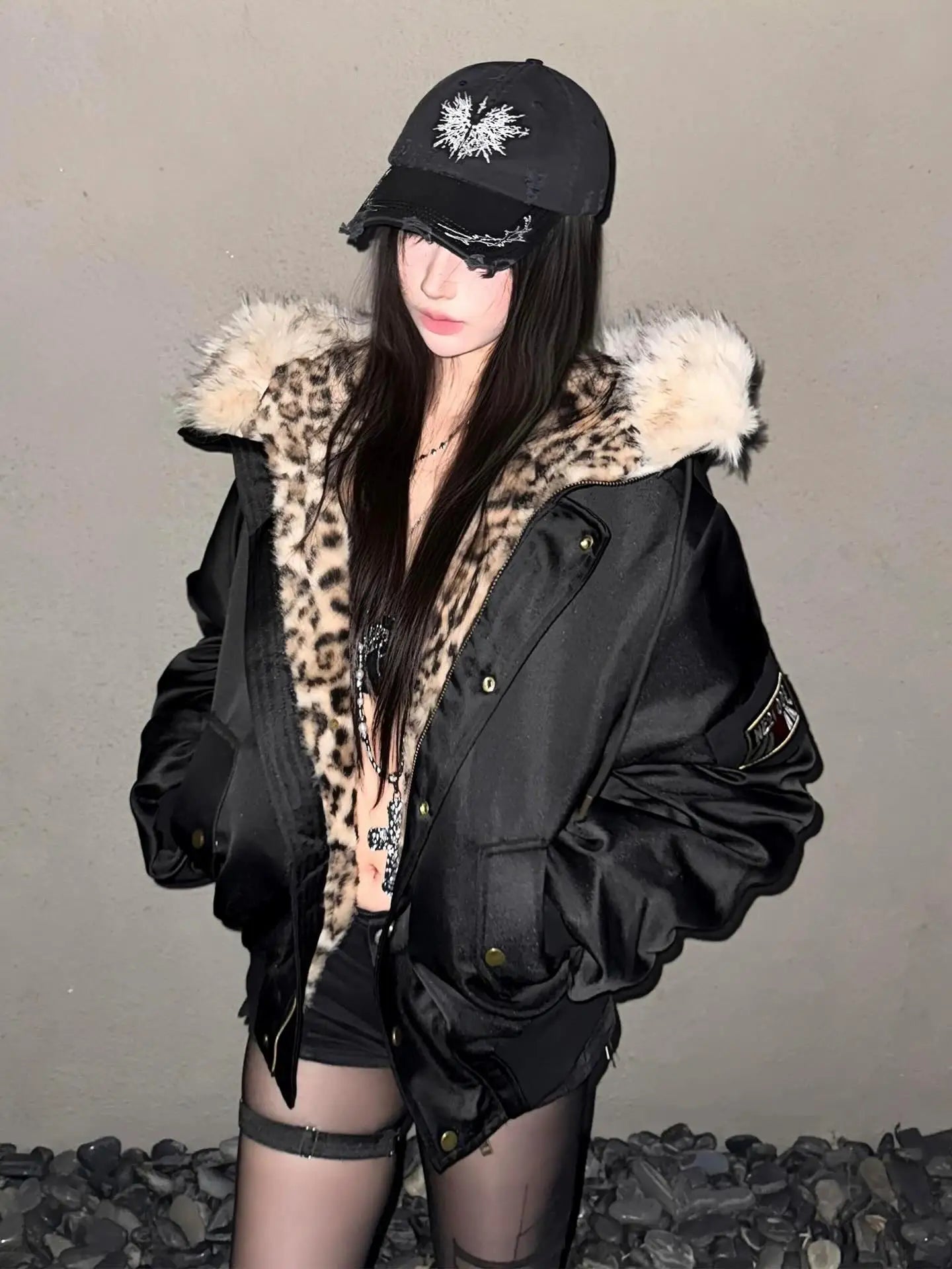 Harajuku American Retro Jacket for Men and Women, New Simple Leopard Print Plush Loose Leather Motorcycle Hip Hop Punk Jacket