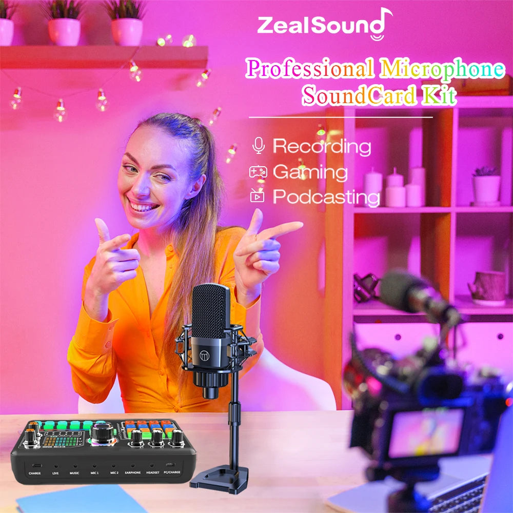 Zealsound – Kit carte son professionnel avec microphone pour podcast, vlog et streaming sur PC et smartphone