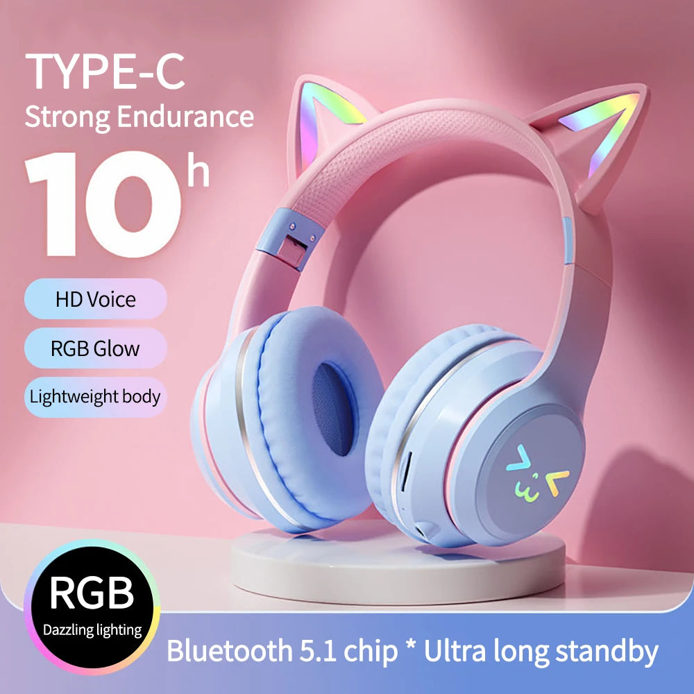 Auriculares inalámbricos degradados RGB, orejas de gato bonitas, Bluetooth, con micrófono, estéreo, para juegos de música, regalos para niñas y niños