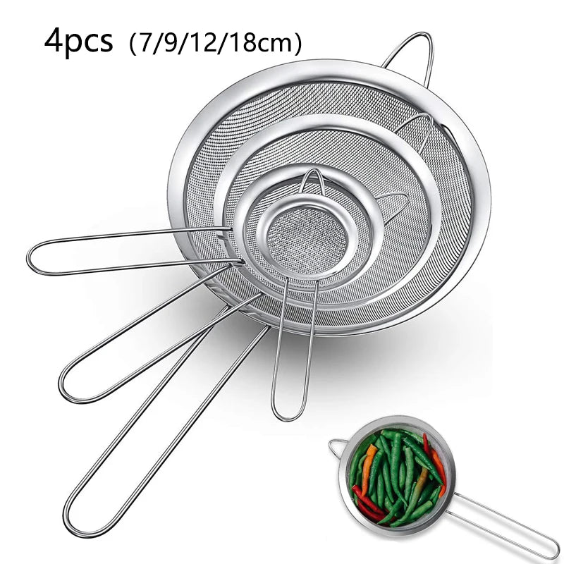 Ensemble de passoires à huile en fil d'acier inoxydable, tamis à maille fine, passoire à farine, outils de cuisson spectaculaire, accessoires de cuisine, 1 pièce, 3 pièces, 4 pièces