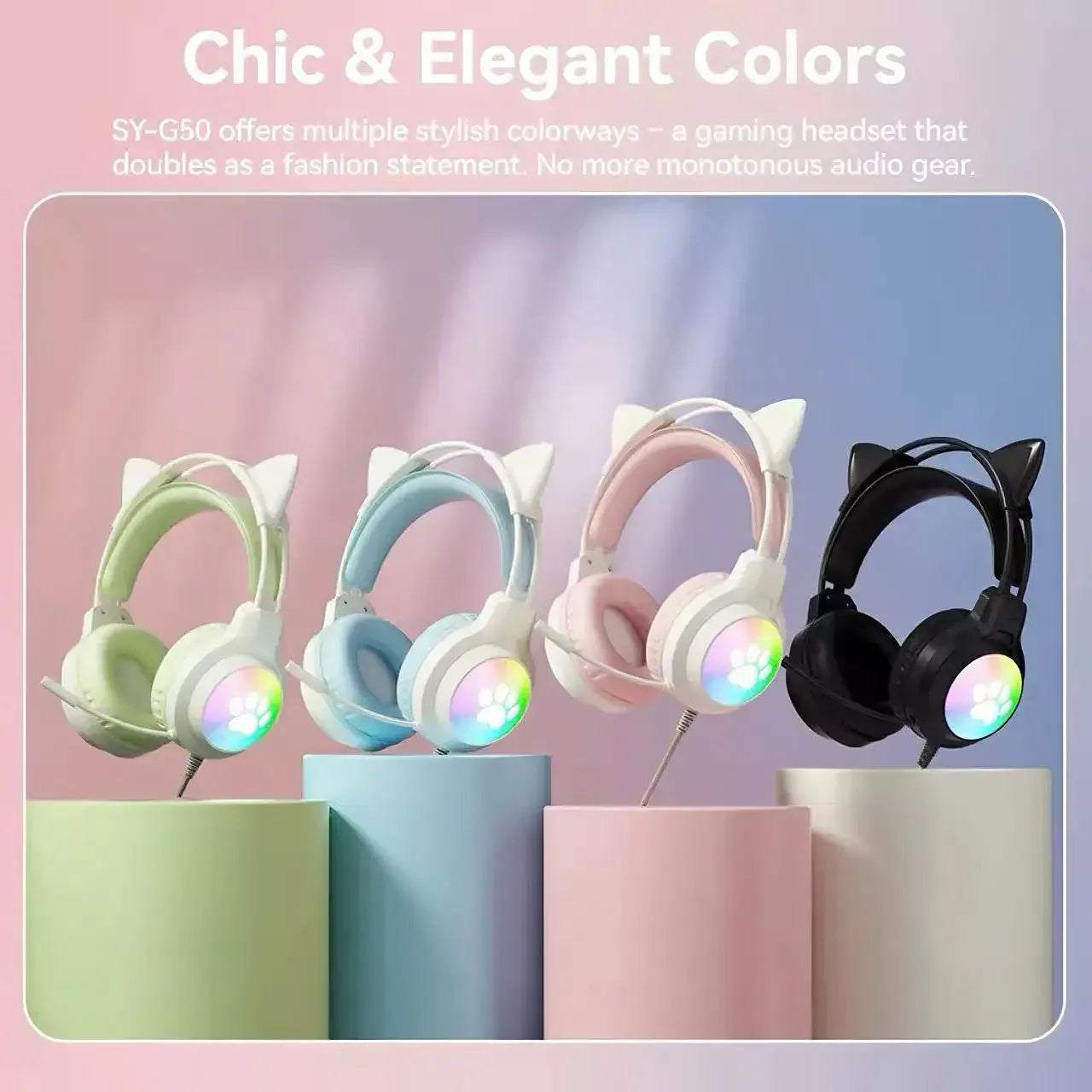 Casque gaming oreilles de chat filaire — suppression du bruit, éclairage LED, son surround FPS, micro (v2)