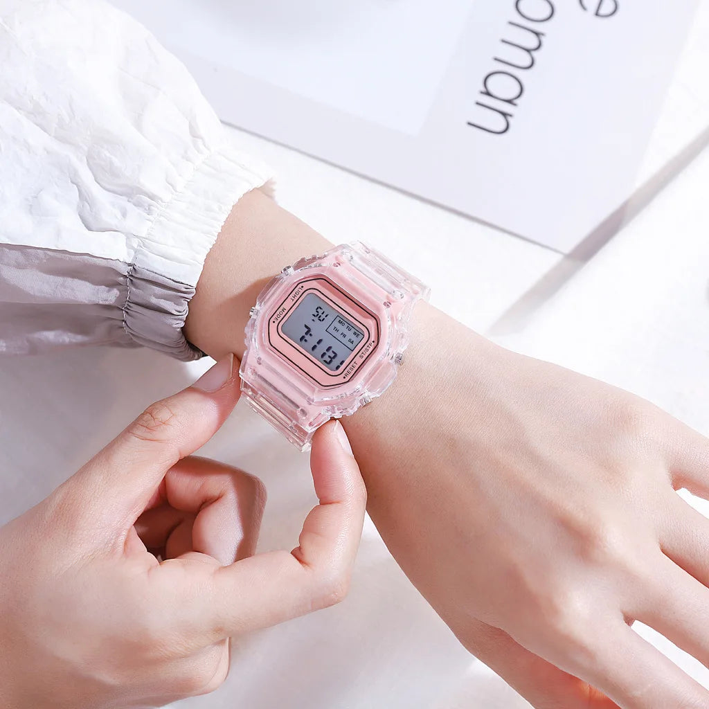 LED Transparent Digital Watch for Kids Men Women Square Small Luminous Dial Sport Electronic Wristwatch Kids Watch