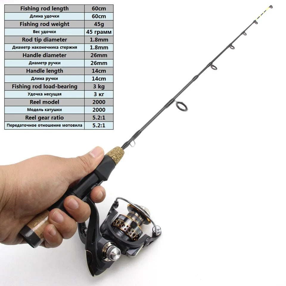 Canne à Pêche sur Glace Télescopique 60cm avec Moulinet — Carbone Hiver