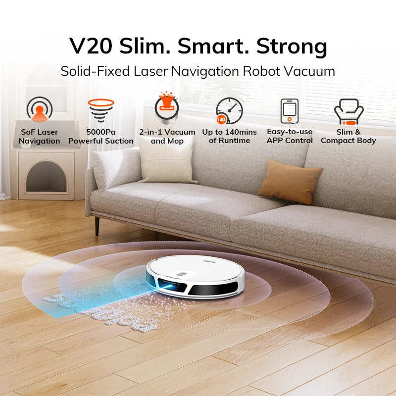 Robot aspirador ILIFE V20, succión de 5000 Pa, navegación inteligente SOF LiDAR, control por aplicación, limpieza personalizable, carga automática
