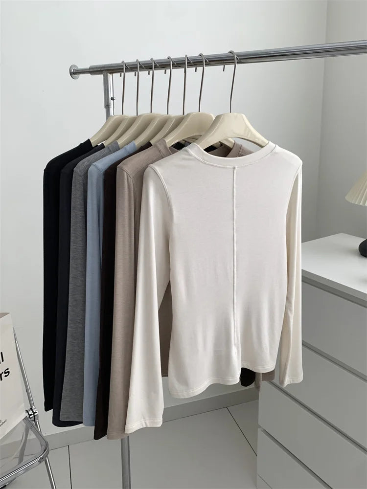Women's long-sleeved T-shirt, silk wool splice, thin top, soft, waxy, solid color, spring summer