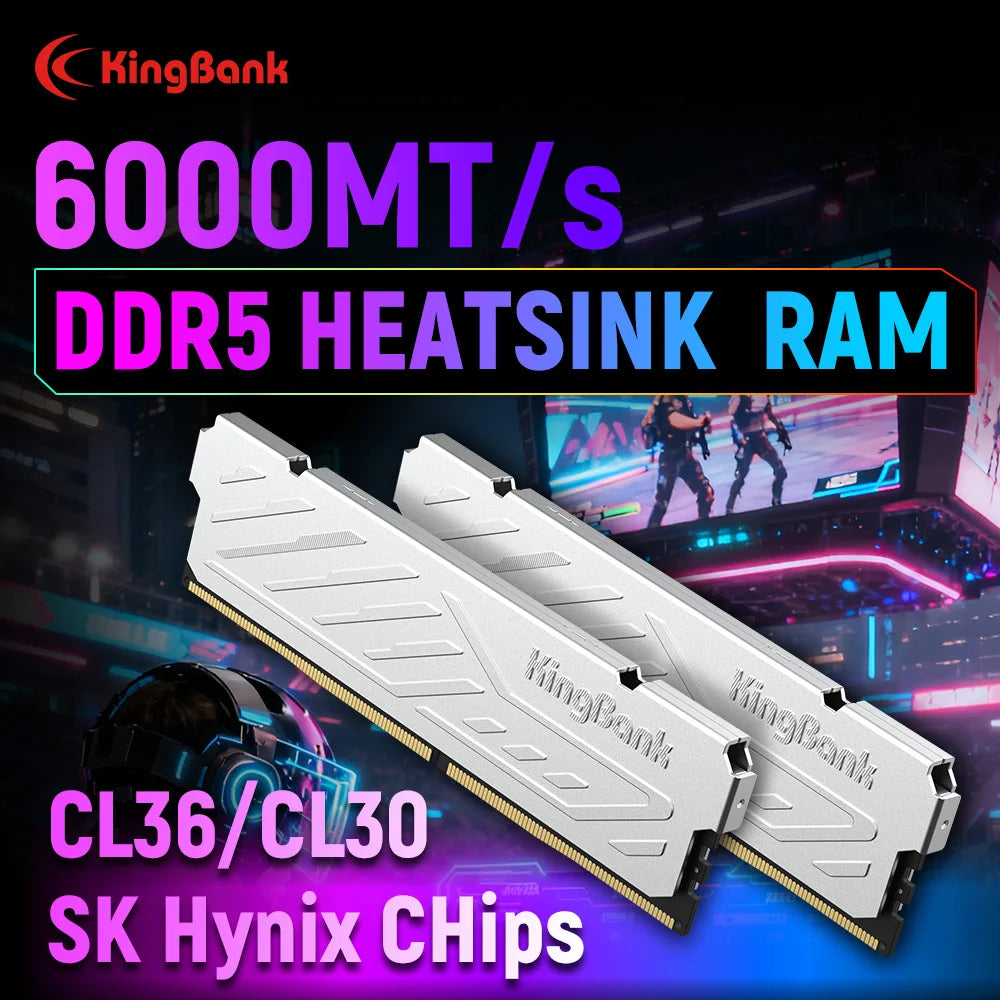 Mémoire RAM DDR5 KingBank 8 Go / 8 Go x 2 / 16 Go x 2 6000 MHz pour ordinateur de bureau CL36/CL30 XMP 3.0/AMD EXPO avec dissipateur thermique argenté