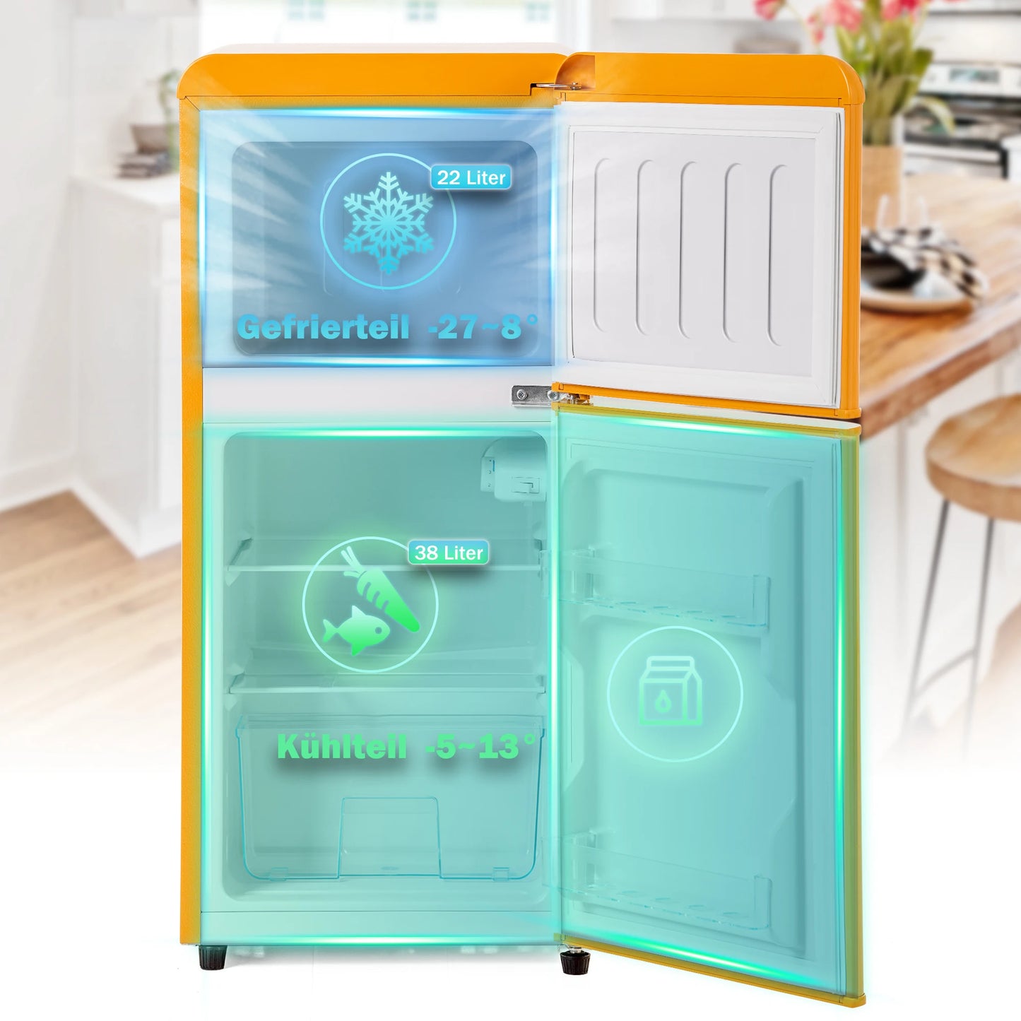 Frigorífico combi retro 45,5 cm de ancho, 2 puertas, 60 litros de volumen total, volumen de congelador 22 litros. 102 KWh/año,