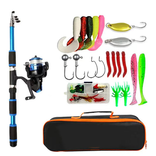 Kit Complet de Canne à Pêche avec Hameçons, Moulinet Spinning, Télescopique, Voyage, Nouveauté