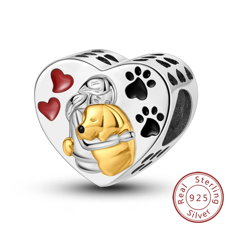 Abalorios de plata de ley 925 con huellas de perro, gato, corazón, animales, abalorios que se ajustan a pulseras, collares, colgantes, joyas para mujer, para hacer tú mismo