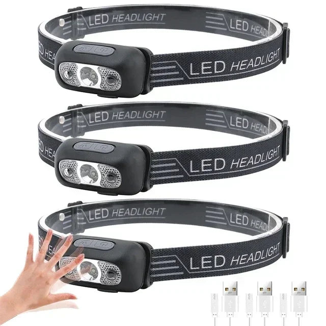 Lampe frontale puissante à LED portable avec capteur, rechargeable par USB, lampe torche frontale pour camping, pêche, lanterne d'urgence