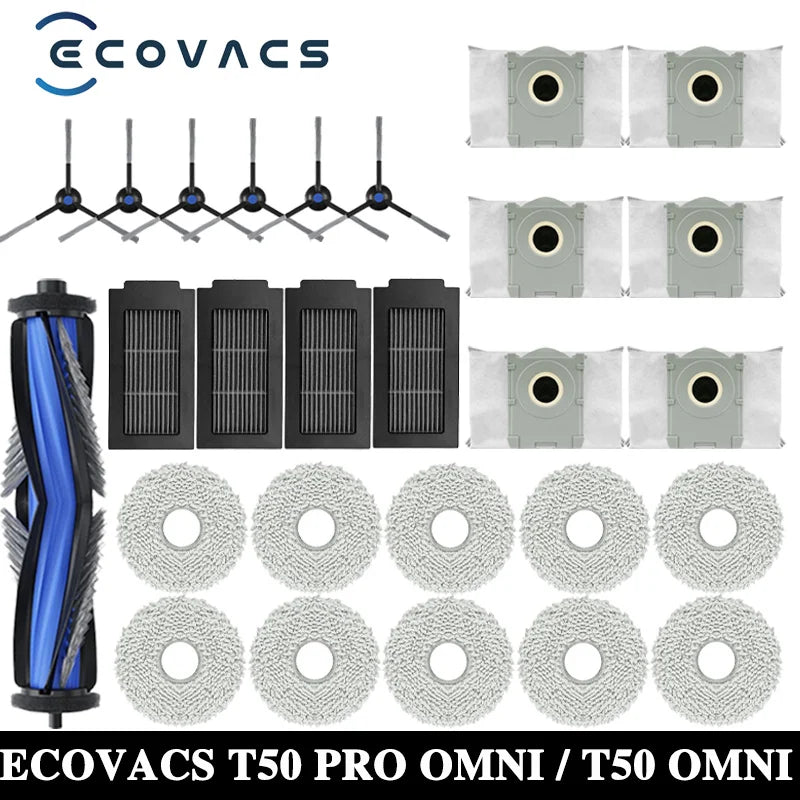 Accessoires pour aspirateur robot T50 PRO OMNI — brosses latérales, vadrouilles, filtres HEPA, sacs à poussière