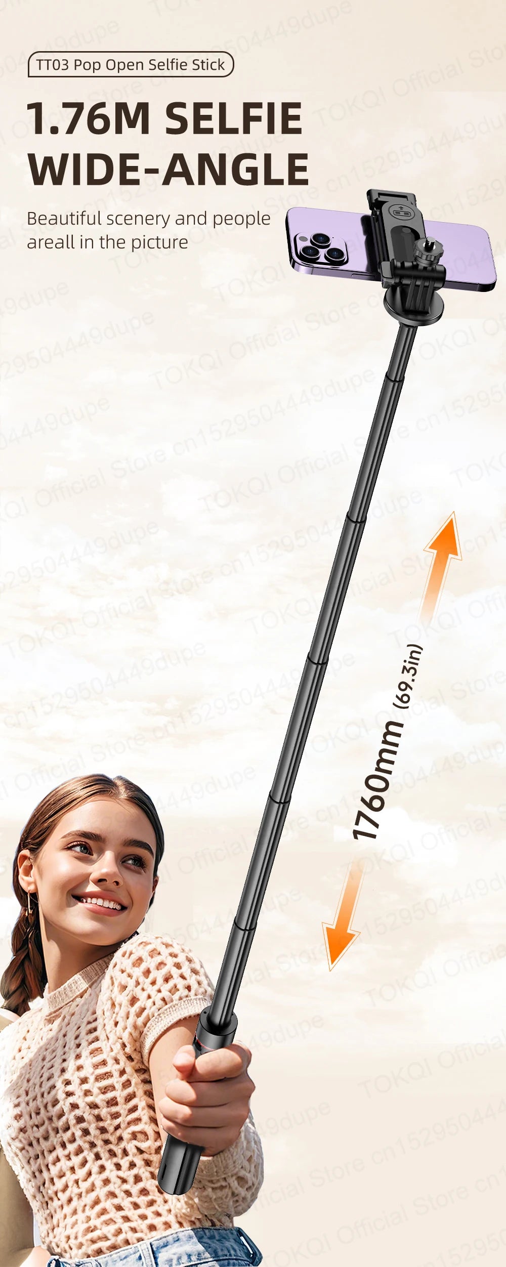 TOKQI TT03 — Perche à Selfie Extensible 1.76m Ouverture Auto Télécommande Magnétique