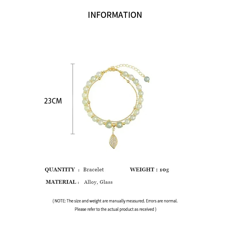 Pulsera de Jade verde de estilo chino para mujer, exquisita pulsera de cadena doble con hojas de color dorado, regalos para niñas