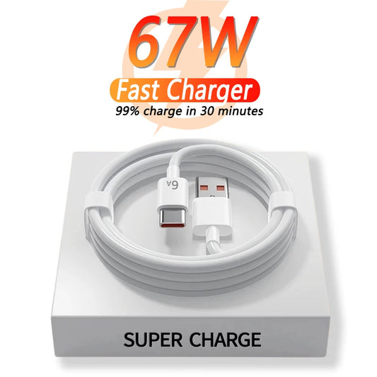 Chargeur USB rapide 67W — adaptateur secteur, câble Type-C 6A, compatible smartphones Android