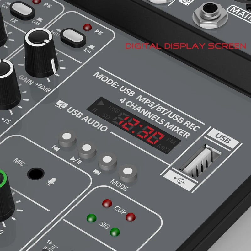 Mélangeur Audio DJ 4 Canaux USB Bluetooth — Console Mixage 48V Karaoké & Studio