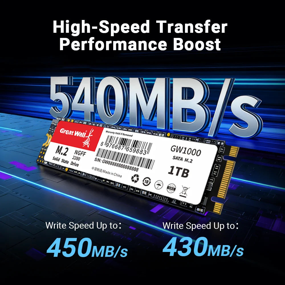 Disque SSD Great Wall M.2 2280 128 Go 256 Go 512 Go 1 To NGFF 2 To, disques à semi-conducteurs 540 Mo/s M2 SATA pour PC de bureau et ordinateur portable