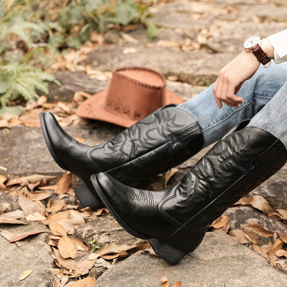 Mioeert Men's Heritage Round Toe Wooden Heel Embroidered Western Cowboy Boots Zapatillas Hombre Luxury Men's Shoes