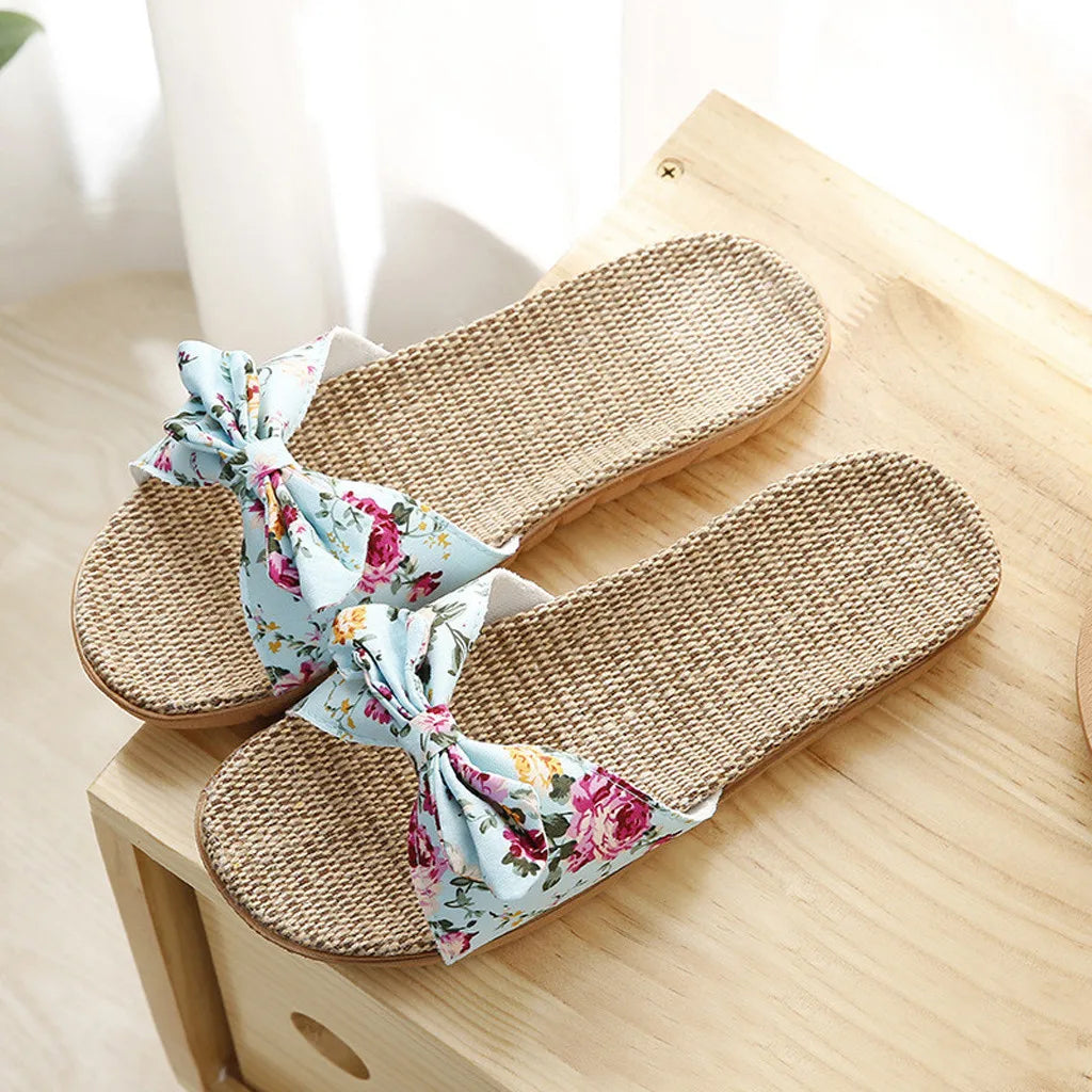 Women's Linen Flip-Flops with Bowknot, Beach Shoes, Slippers