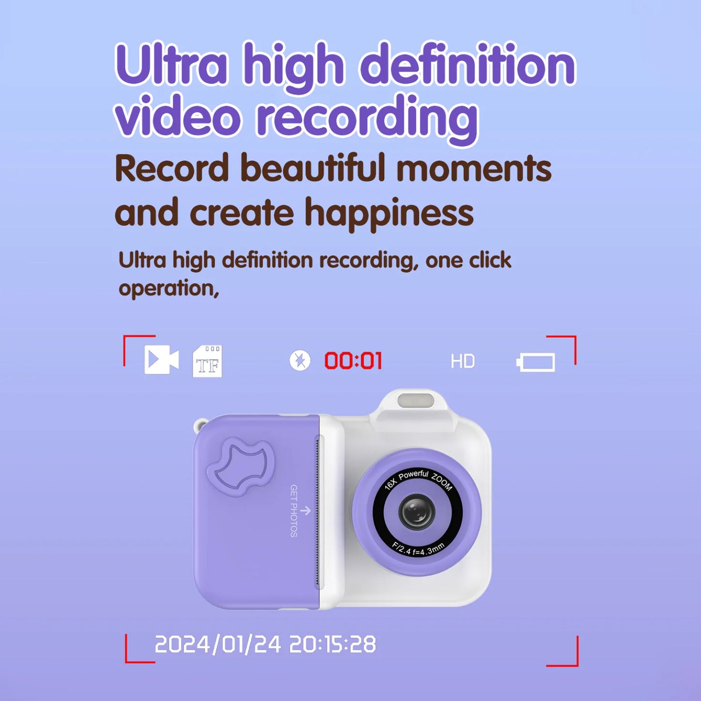 Children's Instant Print Digital Camera, Kids Document Pens, Thermal Printing Paper, Christmas Gift Toys for Boys and Girls, 32G
