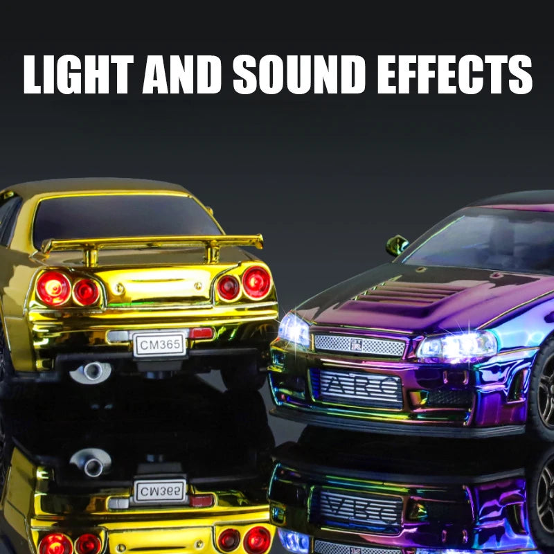 Nissan Skyline GTR-R34 - 1:32 Diecast Galvanized Sport Car Model with Sound and Light, Toy Vehicle Gift for Boys, Miniature Car
