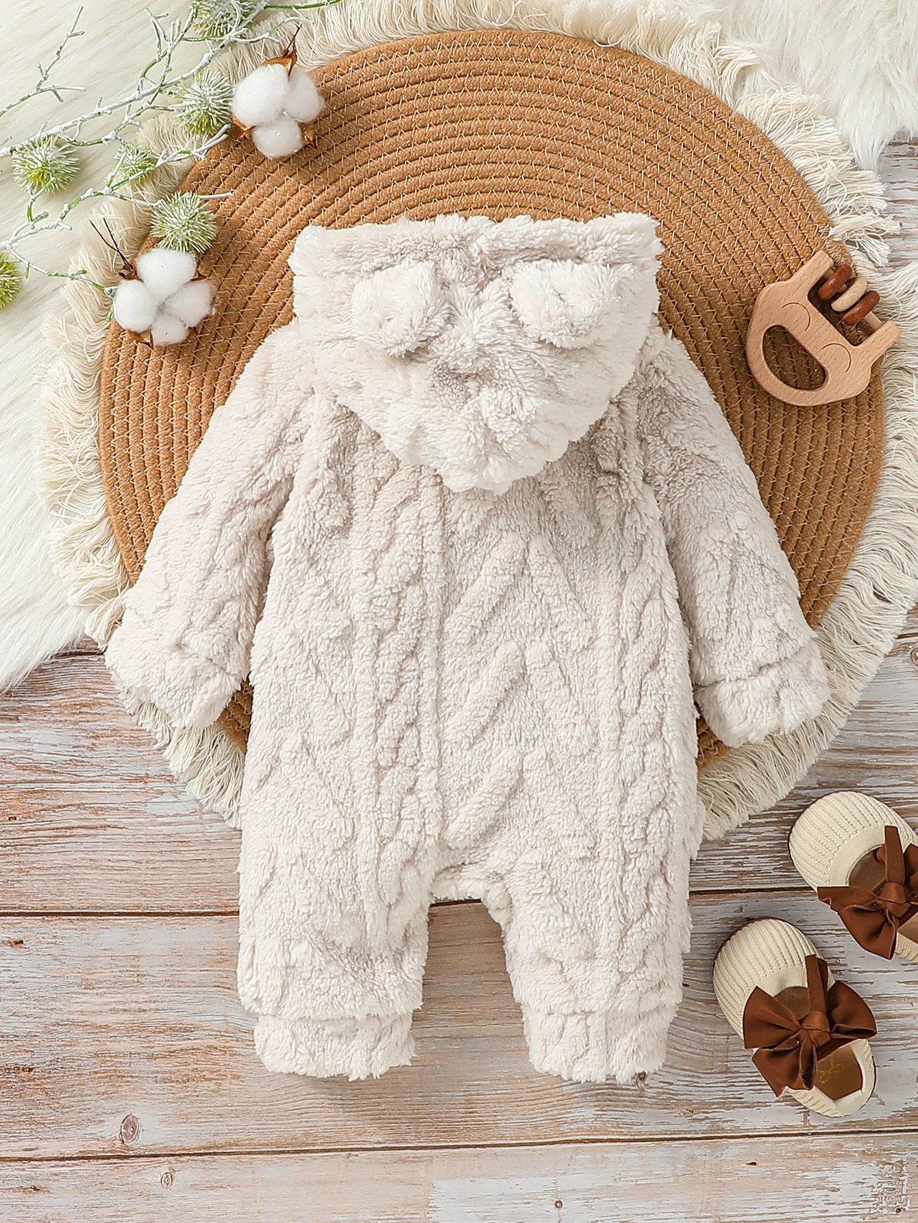 Baby Boys Winter Long Sleeve Solid Plush Hooded Zipper Fashion Jumpsuit for Newborn Warm Clothes
