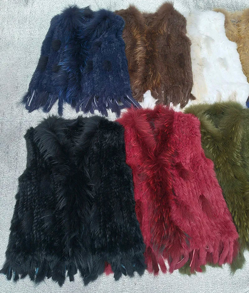 Chaleco de punto de piel de conejo natural auténtica con pompón, chaleco cálido sin mangas para mujer, con ribete de piel de mapache auténtica