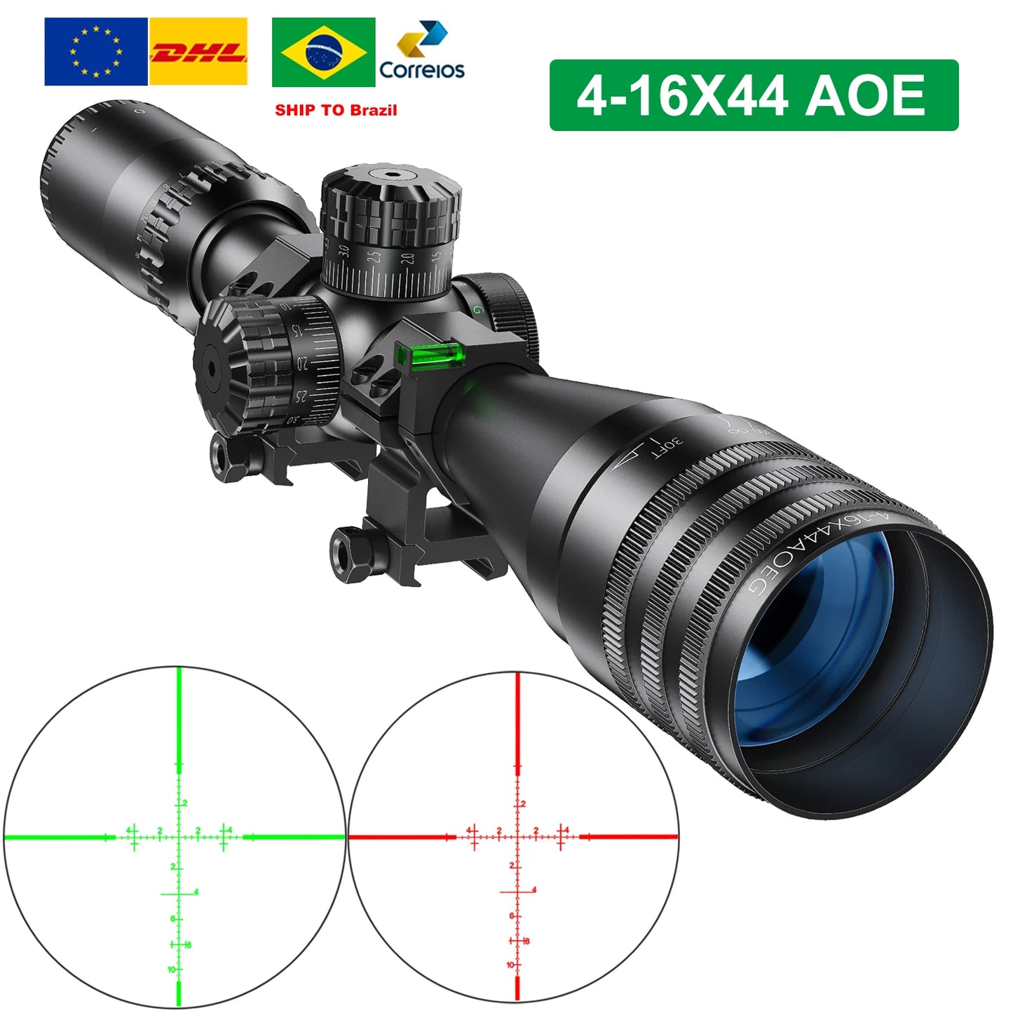 Lunette de visée tactique 4-16x44 AOE pour la chasse, lunette tactique pour airsoft, lunette de visée illuminée rouge et verte