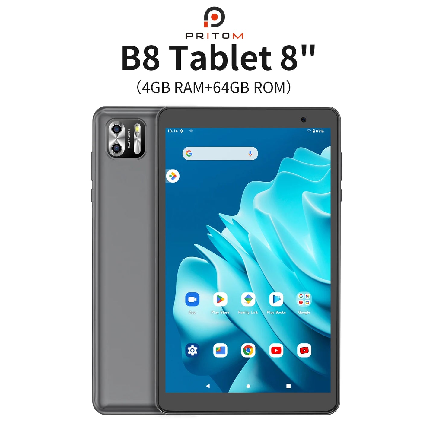 PRITOM – tablet Android 8 pulgadas 14, 8 GB (4 + 4 ampliados) RAM 64 GB ROM, expansión 1 TB, pantalla IPS 1280x800, batería 5000 MAH, doble cámara, WiFi