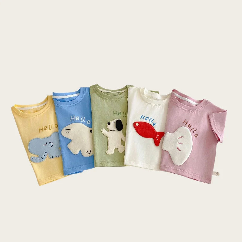 Nouvelle collection été 2026 : T-shirt décontracté à manches courtes pour enfants (0-5 ans) avec patchs de dessins animés mignons et imprimé lettres – Doux et confortable pour filles et garçons