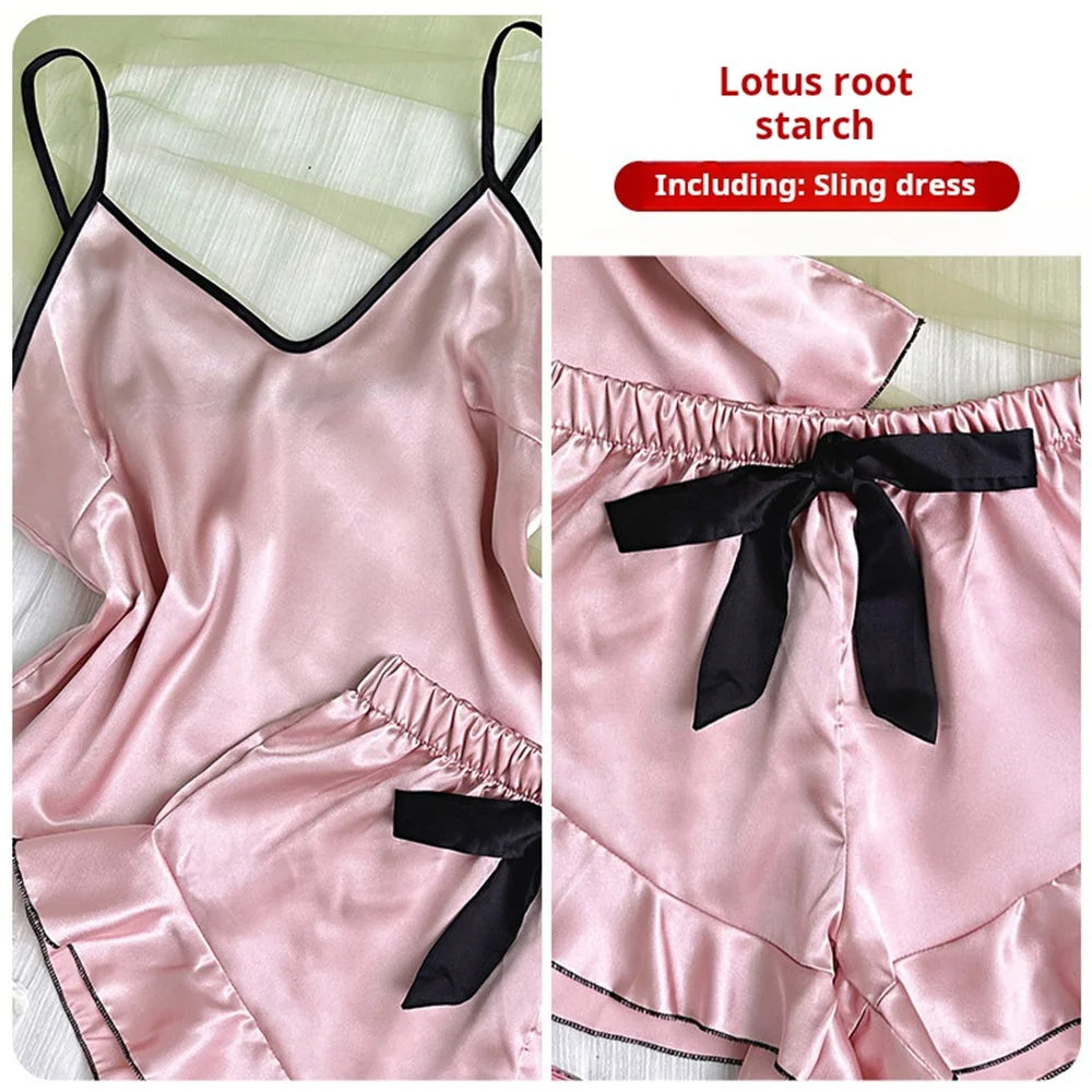 Pijama de satén liso para mujer, camiseta con cuello en V, bordes con volantes y shorts con lazo, conjunto de pijama simple y transpirable, ropa de casa con tirantes
