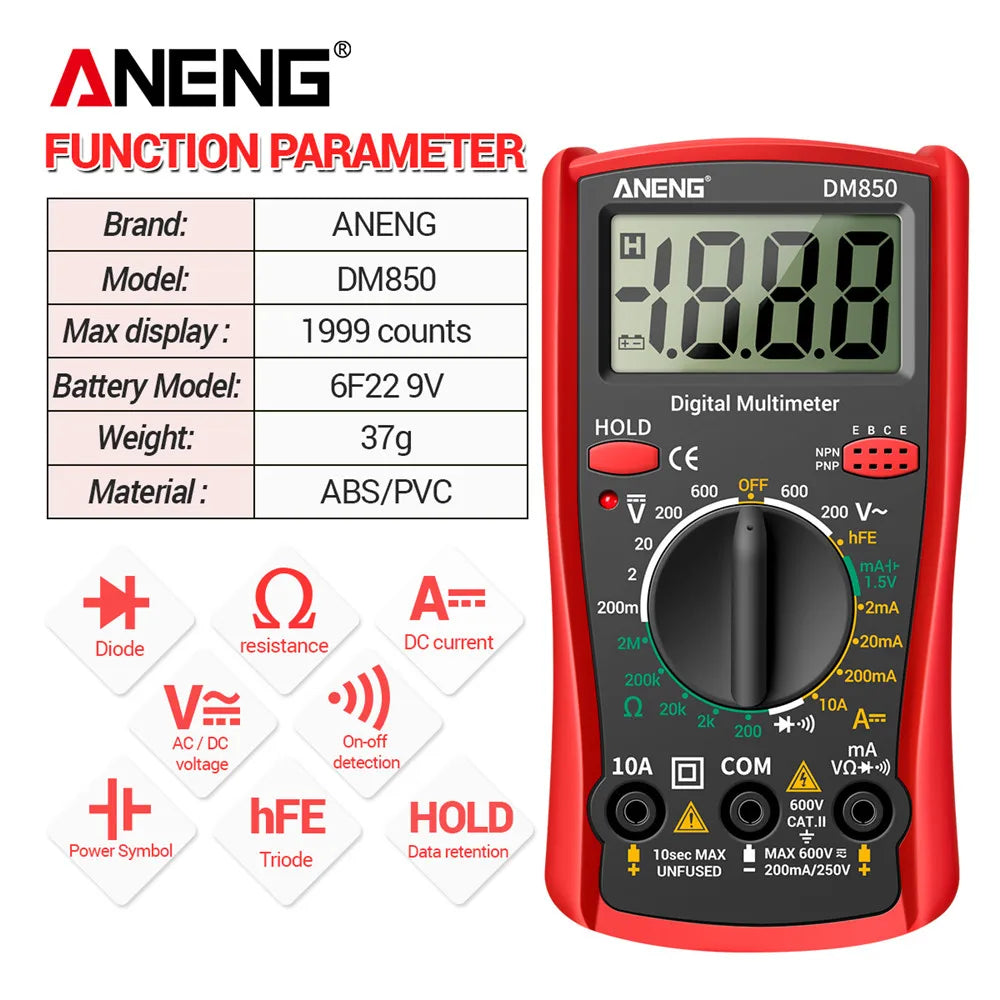 ANENG DM850 - Professional Automatic Digital Multimeter, AC/DC Auto Voltage Tester, Ohm Current Ammeter Detection Tool, 1999 Counts