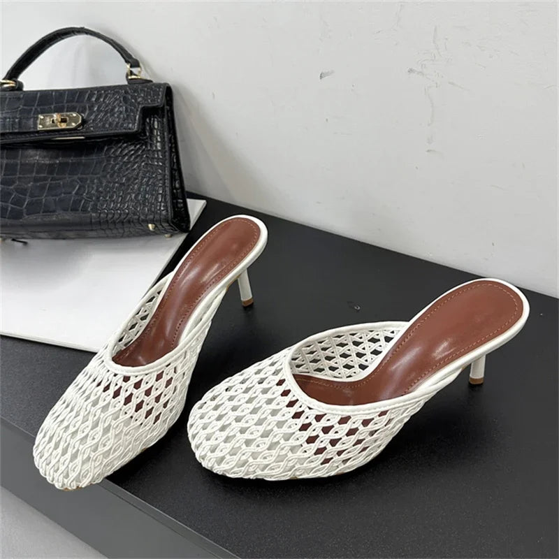 Aneikeh Fashion Square Toe Hollow Out Mules Pumps Summer Stilettos Women Slippers Breathable Mesh Sandals Femme Shoes
