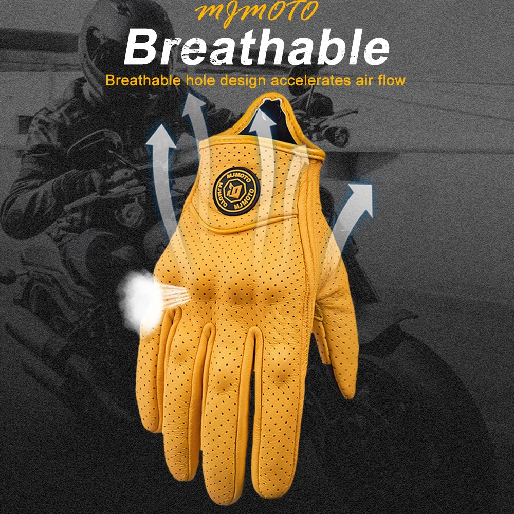 Gants de Moto Rétro en Cuir Jaune pour Homme et Femme, Accessoire Perforé et Respirant pour Course de Vélo, Écran Tactile, Motocross