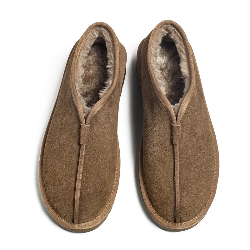 Zapatillas de piel cálidas sin cordones para hombre, botas de nieve impermeables, botas de lavado, zapatos de invierno