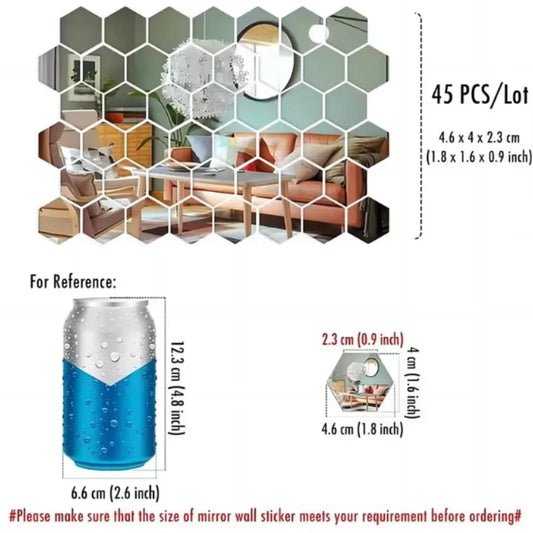 45-piece mirror wall sticker, hexagonal wall art sticker, DIY home decorative tile sticker