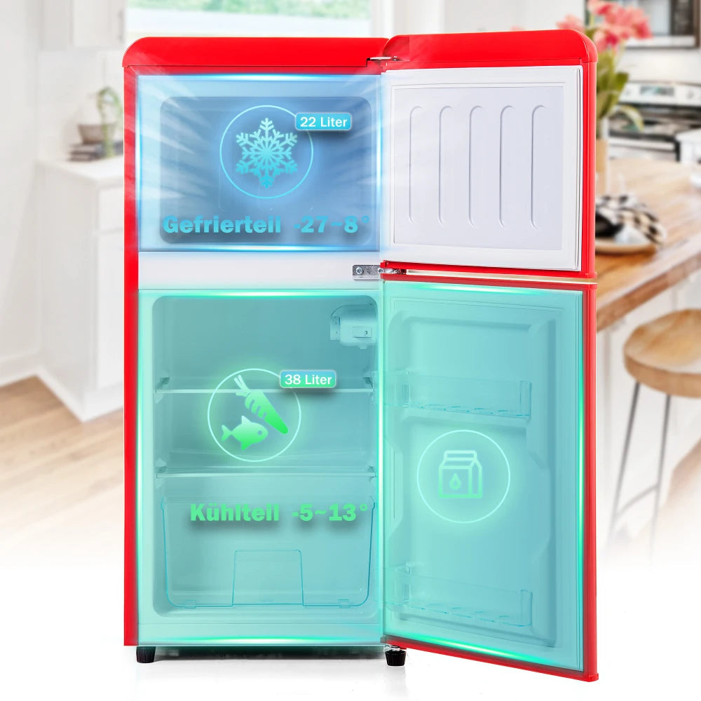 Frigorífico combi retro 45,5 cm de ancho, 2 puertas, 60 litros de volumen total, volumen de congelador 22 litros. 102 KWh/año,