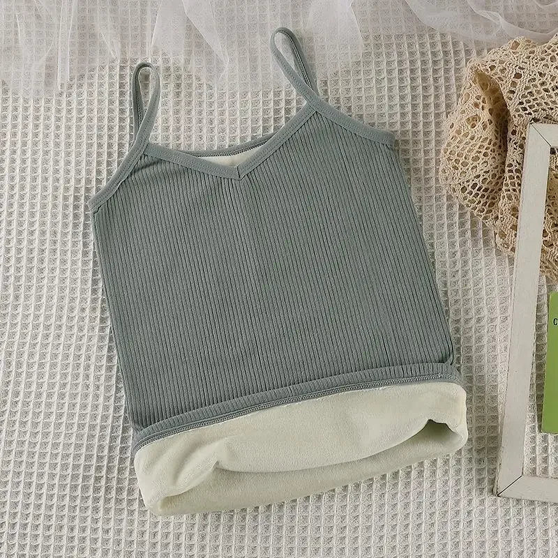 Women's Winter Warm Underwear Solid Color Thermal Casual Sleepwear Sexy Elasticity Women's Slim Velvet Sleeveless T-shirt Tops
