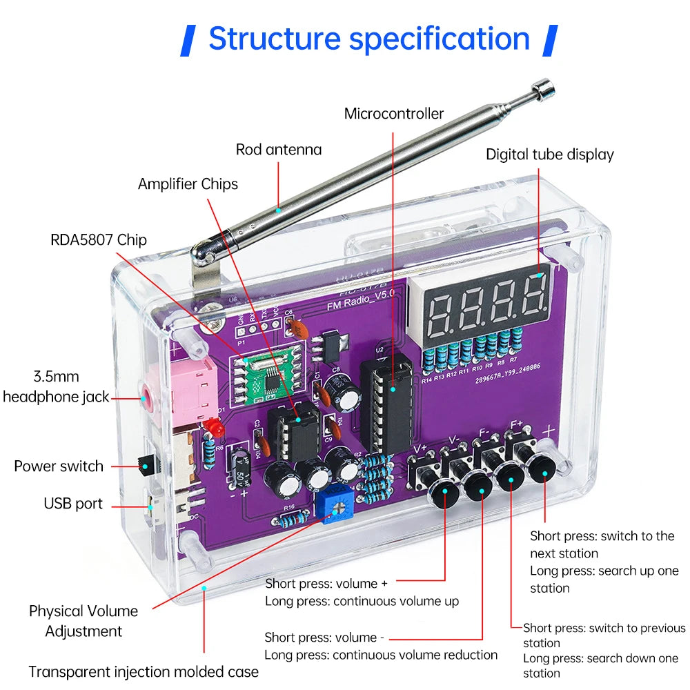 Kit électronique radio FM réglable avec affichage numérique, soudure de pratique de projet, mort, bricolage, 87-108MHz, RDA5807S