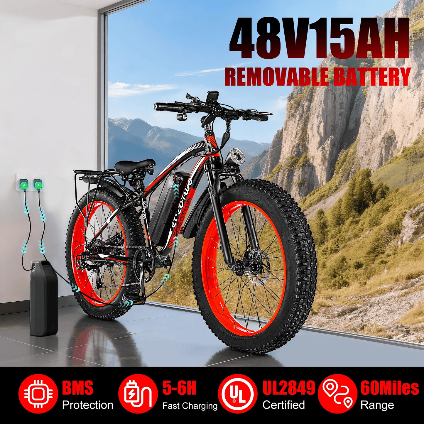 Vélo Électrique Adultes 1500W — Pneus Larges 26 Pouces 34 mph 60 Miles UL2849