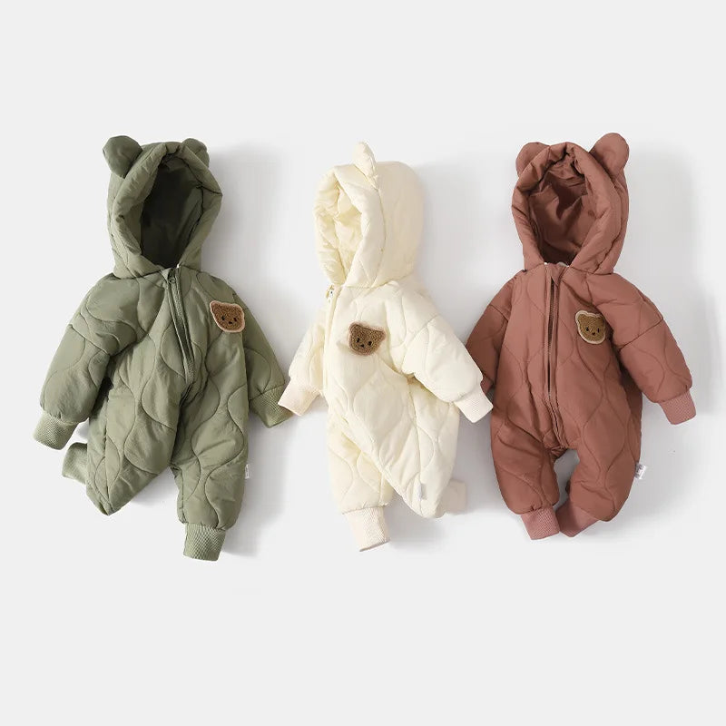 Baby Winter Outerwear, Fur Lined, Warm Infant Romper, Girl and Boy Cartoon Bear Jumpsuit