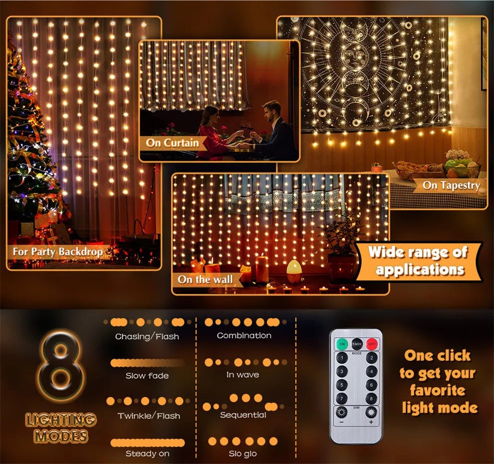 LED Curtain Lights with USB Remote, 8 Modes, Christmas Decoration for Home, Holiday, New Year