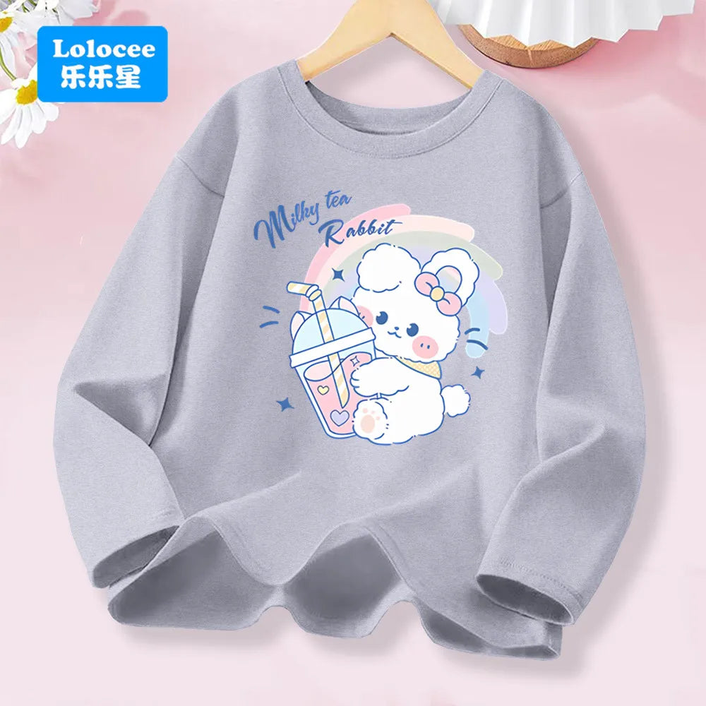 T-shirt rose à manches longues pour filles de 3 à 14 ans, haut en coton pour enfants, mignon "FRESH", imprimé boisson et Animal, nouvelle collection printemps 2026