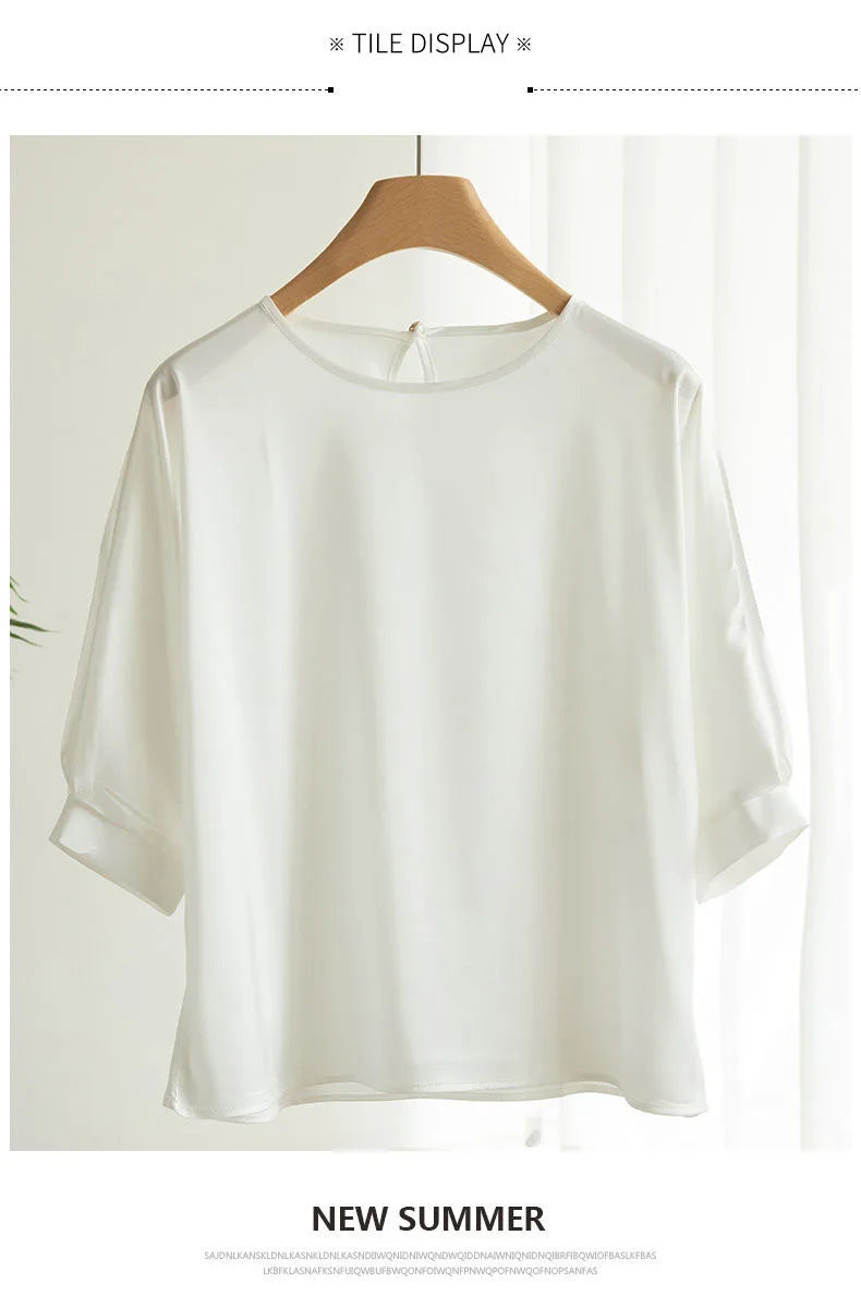 Nouveauté 2026 – T-shirt basique en satin de soie à manches courtes pour femme, col rond, coupe décontractée et légère, chemisier ample pour femme