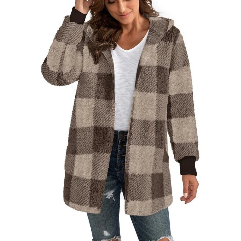 Cardigan Double polaire à carreaux pour femme, doux, ample, manches longues, peluche, chaud, veste à capuche, Patchwork, manteau d'extérieur, automne hiver
