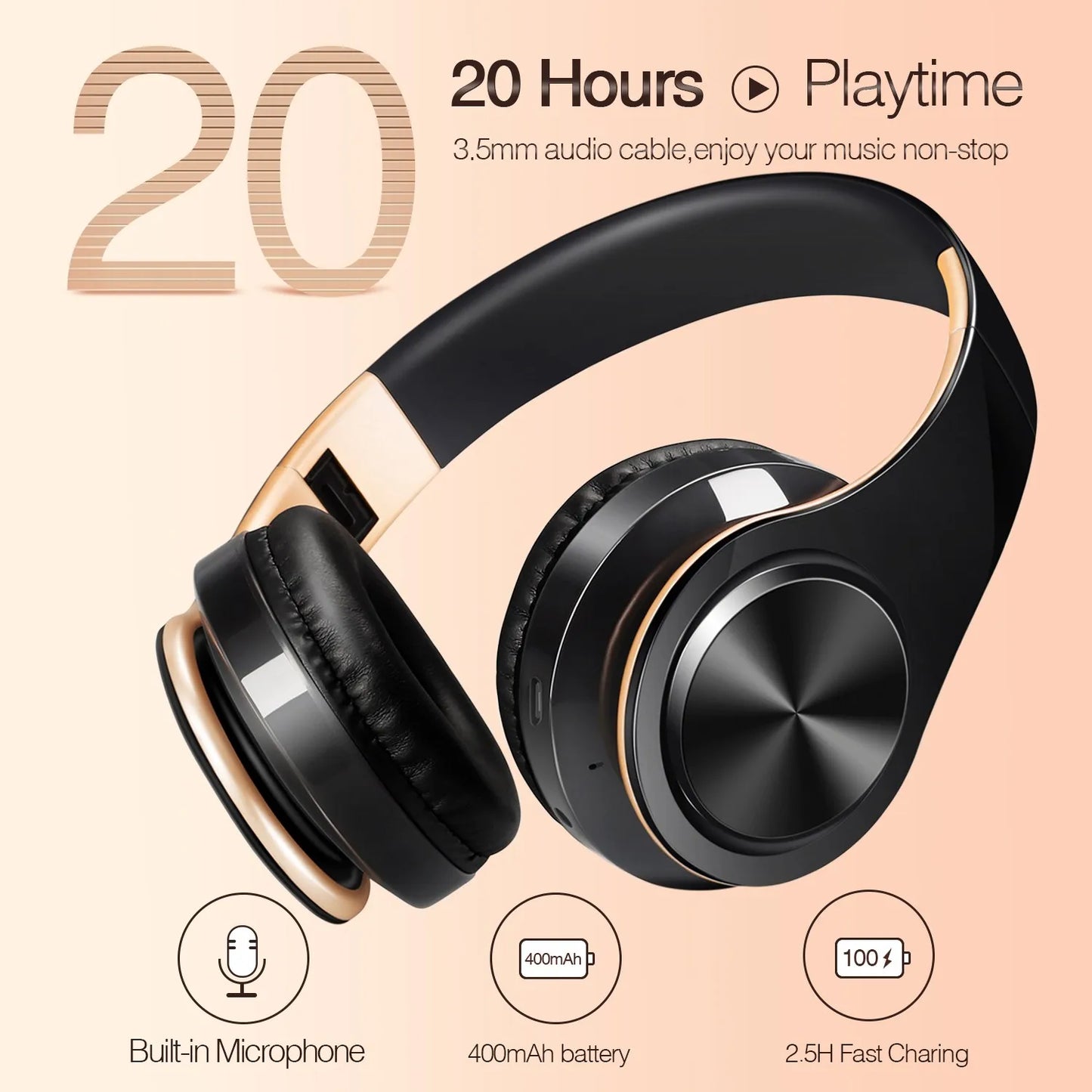 Casque sans fil Bluetooth pour hommes — cadeau doré, stéréo, jeu, micro intégré, universel smartphones