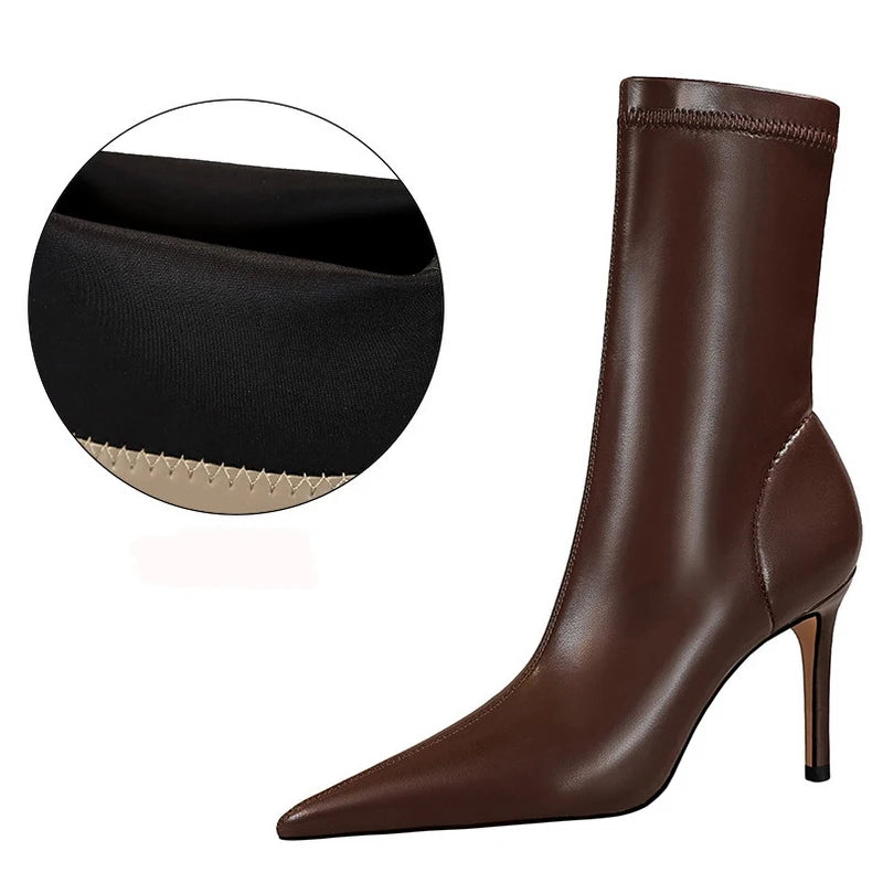 BIGTREE Women's High Heel Leather Boots, Short Ankle Boots, Rinse Shoes, Autumn and Winter