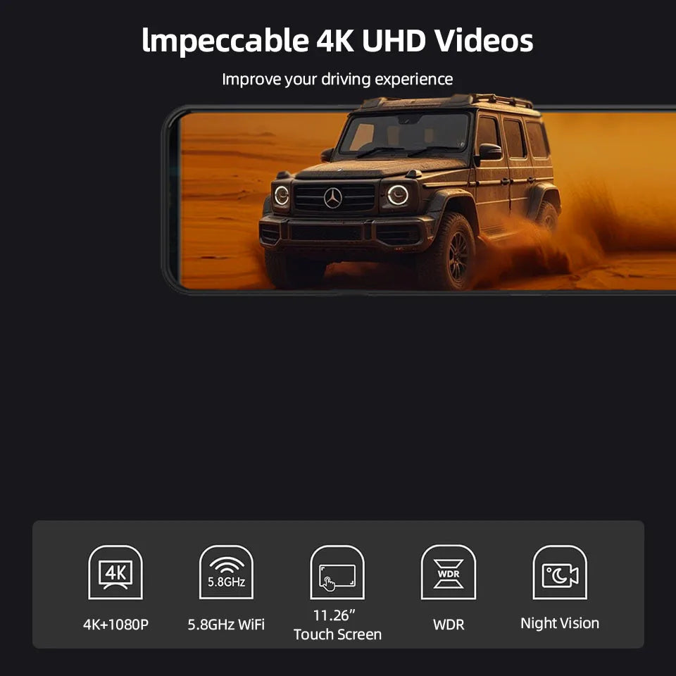 E-ACE A45P 4K WIFI GPS Coche DVR 12 Pulgadas Táctil IPS Pantalla Parque Retrovisor Opcional Cámara Trasera Dashcam Grabador de Vídeo