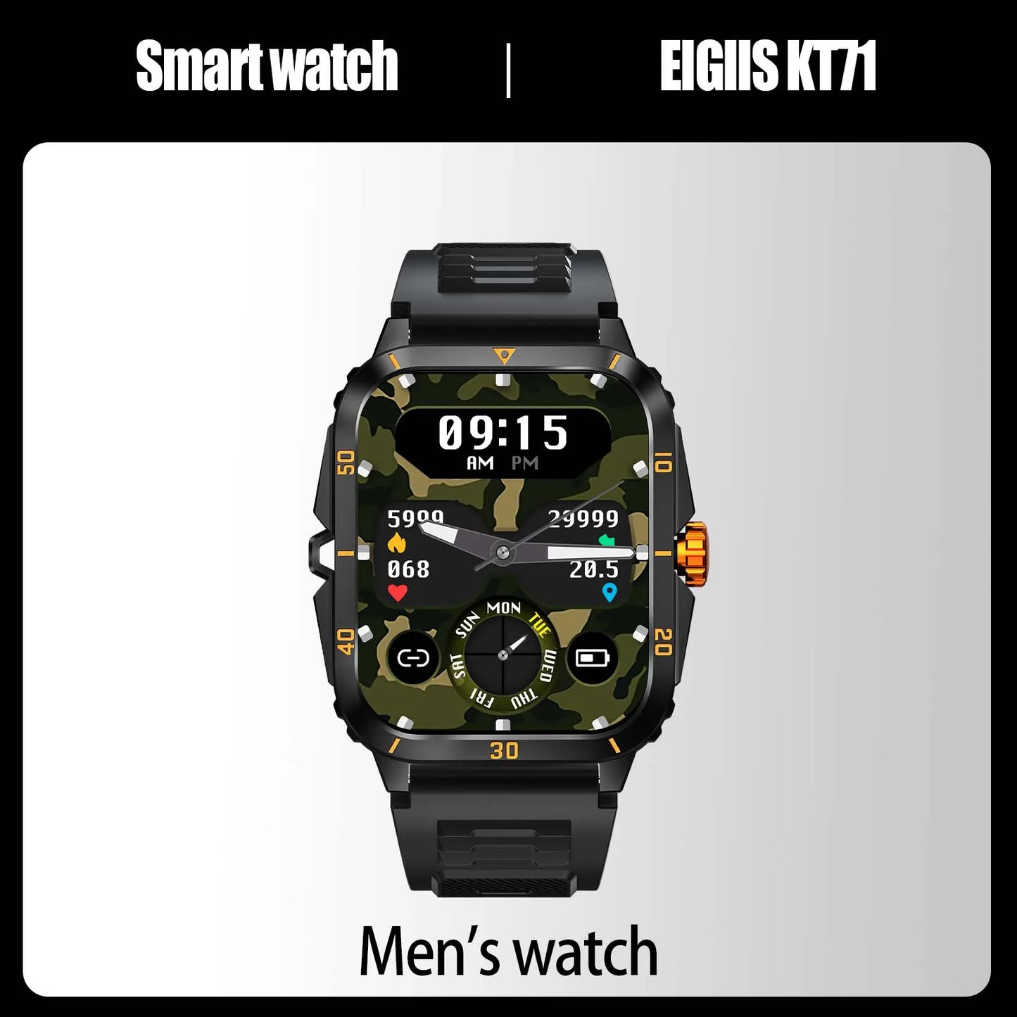 EIGIIS Smart Watch 3ATM Waterproof 1.96" IPS Military Screen KT71 Men's 100+ Sports Mode Heart Rate Blood Pressure Bluetooth Call