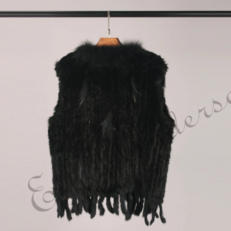 Gilet à glands en véritable fourrure de lapin tricoté — vintage, garniture fourrure raton laveur